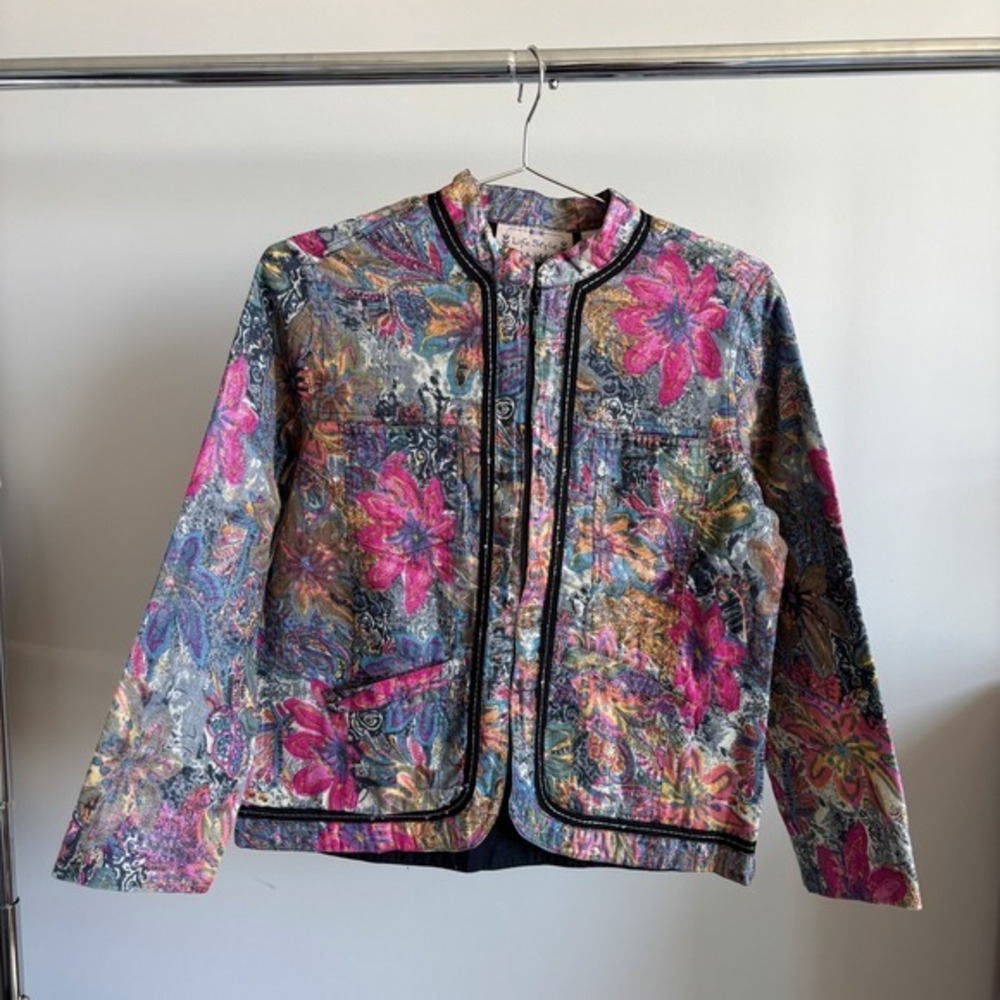 90s Vintage Life Style Metallic Cotton Floral Jacket Artsy Boho 70s Style Small
